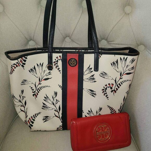 Tory Burch Designer Red White Blue Floral Stripe Tote Bag Purse